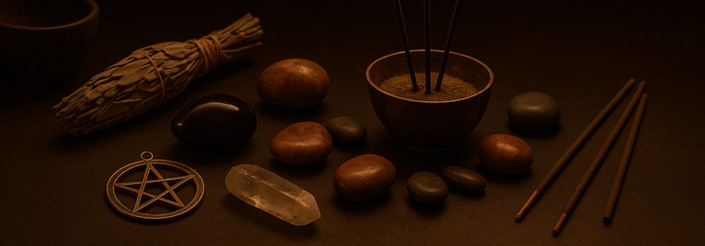 Pietre, cristallo, pentacolo, salvia e bastoncini d’incenso disposti in penombra
